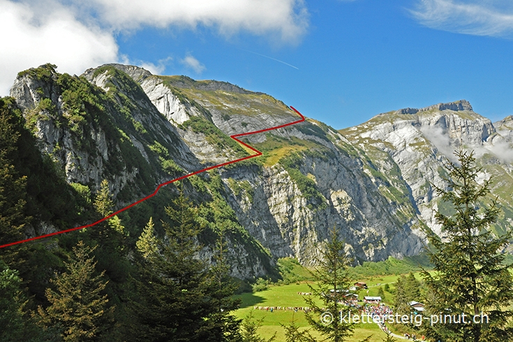Rot eingezeichnet: Abstiegsroute von der Alp Tegia Gronda nach Bargis